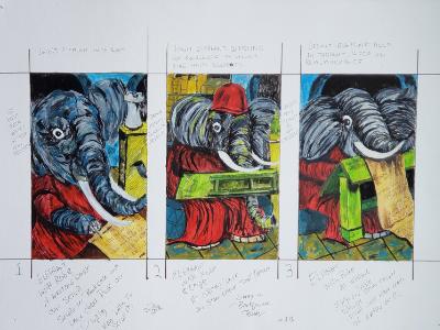 Three Versions of a Jesuit Elephant Deep in Thought and Productivity.