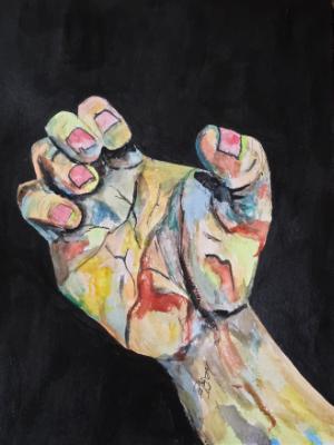 Reading my future with the crinkled lines in my hand. © 2024, By Duane Kirby Jensen 9 x 11.75 watercolor, acrylic, and pen on w Reading my future with the crinkled lines in my hand. © 2024, By Duane Kirby Jensen 9 x 11.75 watercolor, acrylic, and pen on w