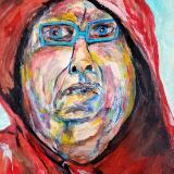 Self Portrait: Artist in hoody.  