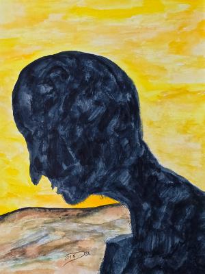 Pondering the nature of transforming into a shadow. © 2026, By Duane Kirby Jensen 9 x 12 watercolor, ink and pen on watercolor p