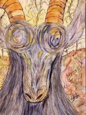 An ancient goat meditates while enjoying the songs of the Dancing Trees,  near  the Inlet of Disappointment, where grass... 