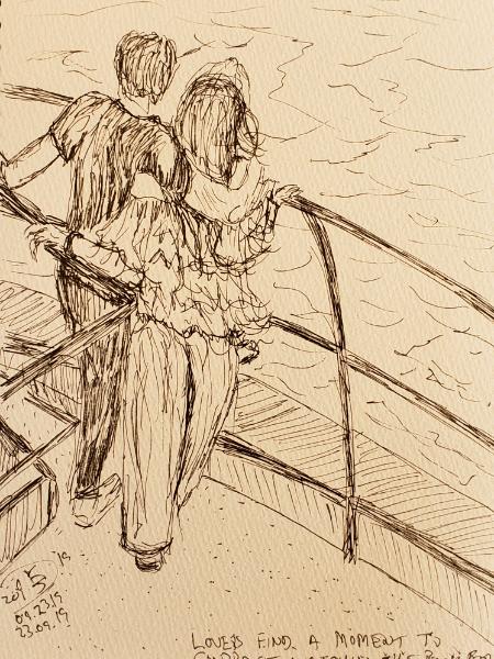 Lovers find a moment to embrace watching the Portuguese rock formations  09/23/19 // 23/09/19 sketch by Duane Kirby Jensen