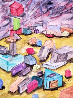 In a land of misshapen geometric shapes, each lies in their own pool of dried tears, unable to feel of communicate with other... In a land of misshapen geometric shapes, each lies in their own pool of dried tears, unable to feel of communicate with other...