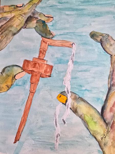 Quantum sharing © 2026, By Duane Kirby Jensen 9 x 11 ink  and acrylic on watercolor paper