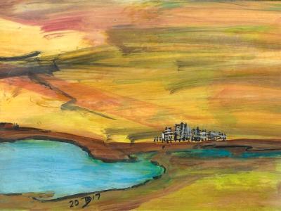 The Skeleton Remains of Another Forgotten City Over Looking the Pacific Ocean. © 2017 By Duane Kirby Jensen, 5 x 7 ink on Yupo M