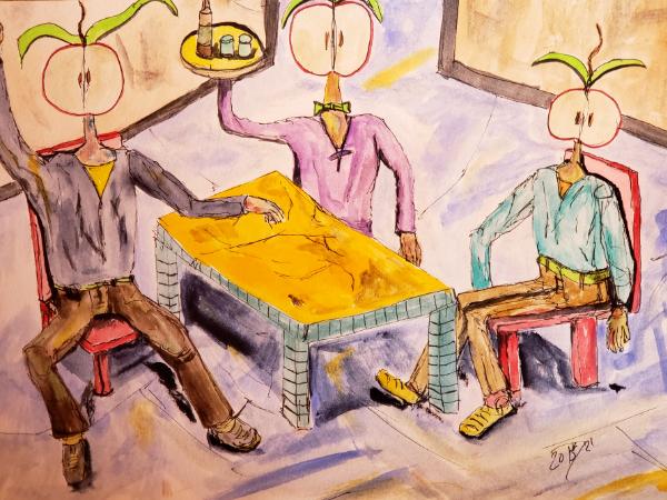 In the Crooked Cafe, there sits a broken table and two chairs, on which, two apple heads await a night of intoxication and... 