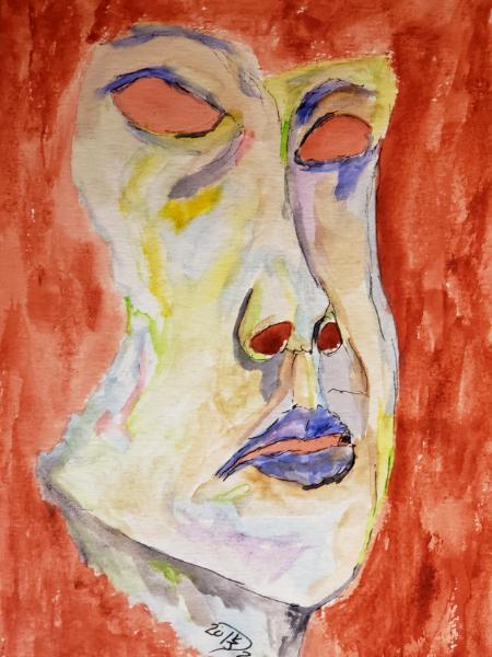 The slow disintegrating of identity #18. © 2020 By Duane Kirby Jensen, 5.5 x 8.5 watercolor and pen on watercolor paper.
