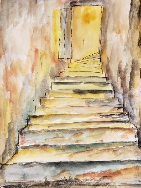 Ascending the steps of Convent of Christ Templar  after decending into its depths.  (Tomar, Portugal)