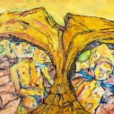 Three humans flee towards caves, as the spores devour the green from the once fertile land. 