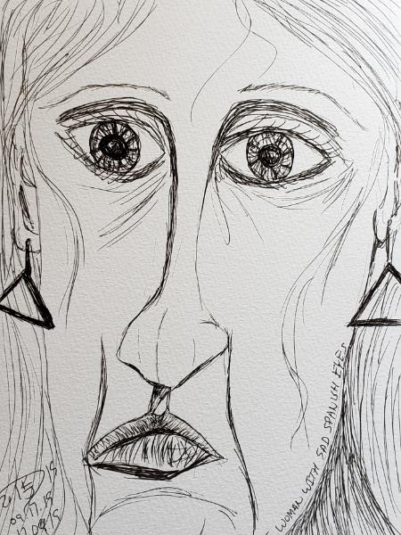 The woman with sad Spanish eyes.  09/17/19 // 17/09/19 sketch by Duane Kirby Jensen  Note: this sketch was done in the cafe shop