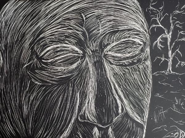 Self portrait. Artist contemplating as he experiments with scratchboard. 