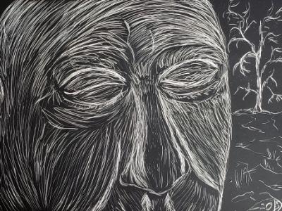 Self portrait. Artist contemplating as he experiments with scratchboard. Self portrait. Artist contemplating as he experiments with scratchboard.