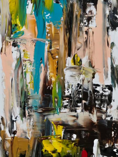 A trace of blood within the bustling crowd who surring transforms each individual into an abstraction 