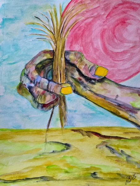 After the petals have fallen © 2025, By Duane Kirby Jensen  9 x 12. Watercolor, and pen on watercolor paper