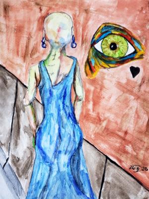 She waits alone, except for an eye waiting to become a face, on the darkening street for her date that is already four hours.. She waits alone, except for an eye waiting to become a face, on the darkening street for her date that is already four hours..