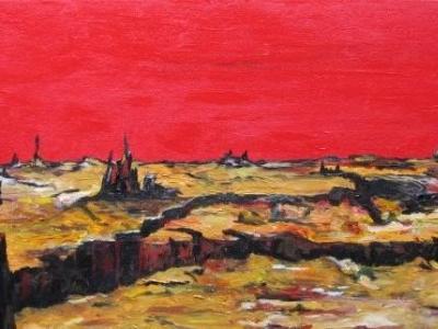 Fire in the Sky, Silence Upon the Land. © 2009 by Duane Kirby Jensen, 12 x 24, Acrylic on DeepEdge canvas.