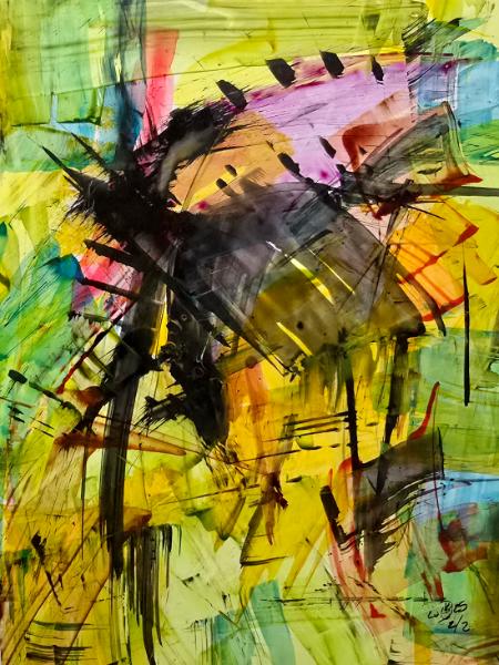 Shattered silence (2/2) © 2025, By Duane Kirby Jensen  9 x 12. Ink on Yupo Medium