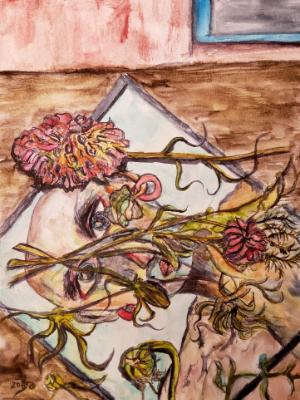 He laid flowers, somewhere between dead and dying, over her photo, then contemplated the death of love. He laid flowers, somewhere between dead and dying, over her photo, then contemplated the death of love.
