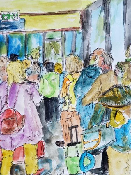 The herd heads home. Lisbon Airport, Lisbon, Portugal. © 2023 By Duane Kirby Jensen 6.5 x 10 Watercolor and pen on watercolor pa