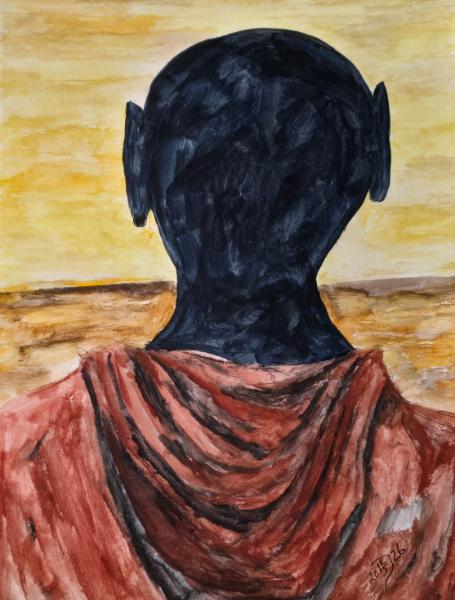 His shadowed self watches his dreams disappear over the horizon