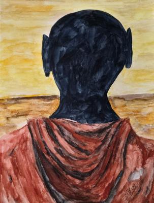 His shadowed self watches his dreams disappear over the horizon