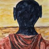 His shadowed self watches his dreams disappear over the horizon